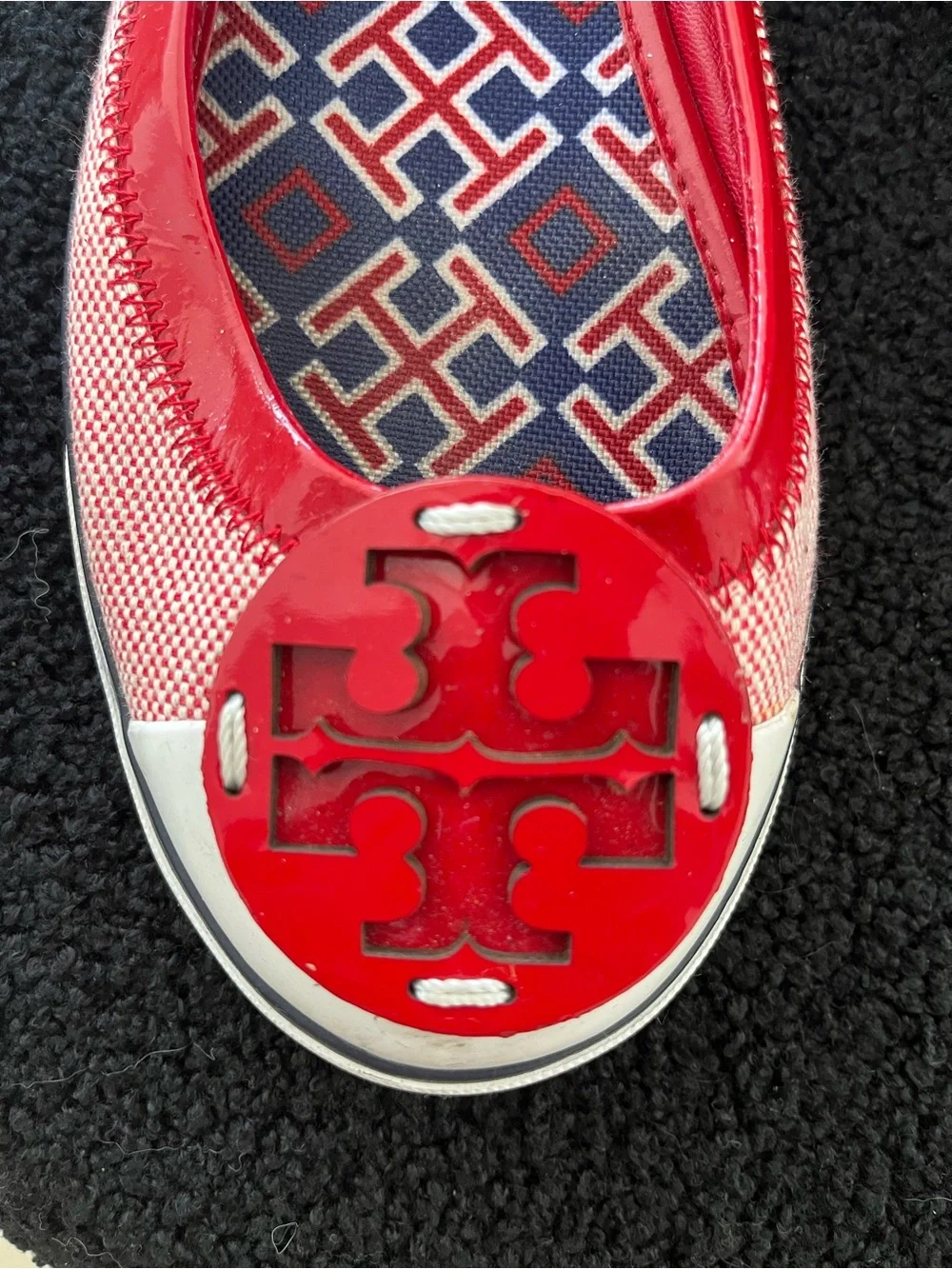 Tory Burch Red Patent-Trim Pink Canvas Logo Ballet Flats